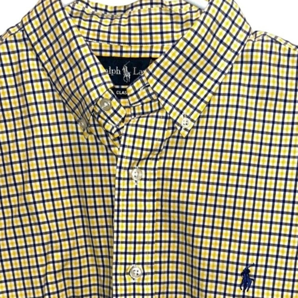 Polo Ralph Lauren Shirt Large Men's Yellow Navy Check Classic Fit Button Down